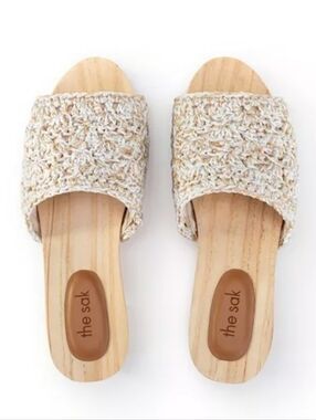 The Sak Ella Clog Heeled Sandals Women Wooden 2" Crochet Natural Static Shell 7.